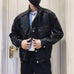 Men's black Spring and Autumn Pilot Leather Jacket with side pocket and regular fit in Korean style.