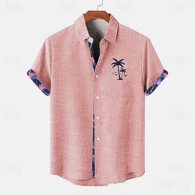 Pink linen short sleeve casual shirt with ocean fish pattern on cuffs and palm tree embroidery on chest