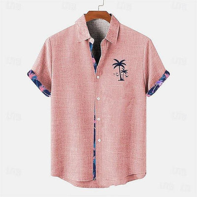 Pink linen short sleeve casual shirt with ocean fish pattern on cuffs and palm tree embroidery on chest