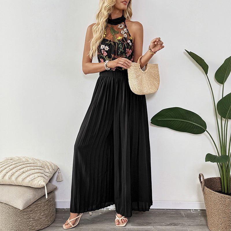 Black halter sleeveless lace embroidery wide leg jumpsuit with high waist and pleated trousers