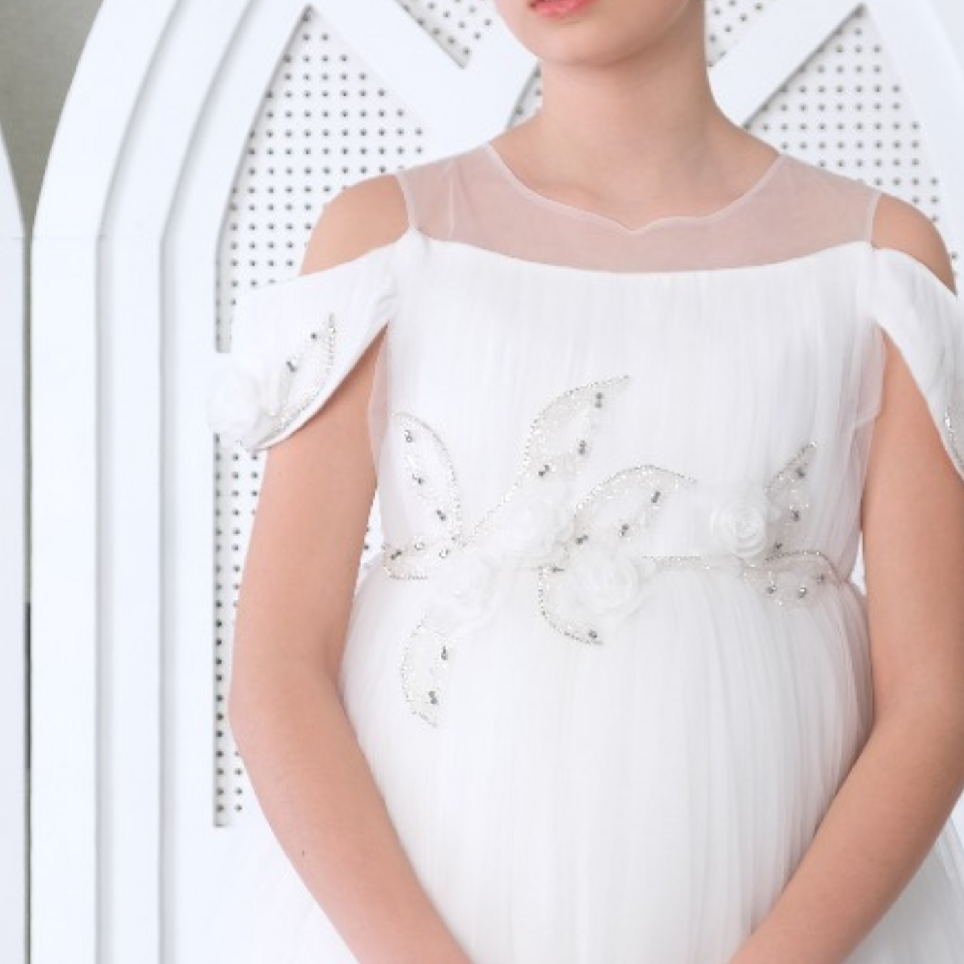 Moonlit Grace Girls Formal Dress in off-white with lace bodice, tulle skirt, and rhinestone floral waist trim