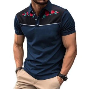 Navy blue summer men's short sleeve polo shirt with floral embroidery and zipper detail in mesh polyester fabric for sports and casual wear