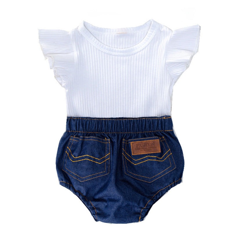 Western style solid color baby girl outfit with white short sleeve top and denim shorts romper