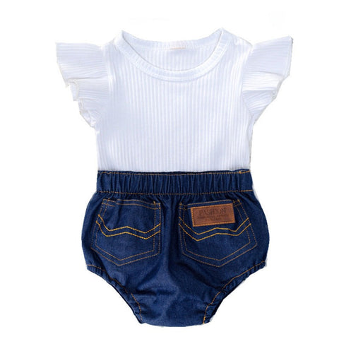 Western style solid color baby girl outfit with white short sleeve top and denim shorts romper