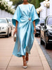 Elegant women's commuting satin dress in light blue with batwing half sleeves and floral bead decoration at waist