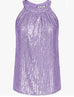 Women's halter round neck sequin camisole top in light purple polyester fabric with backless shoulder strap.