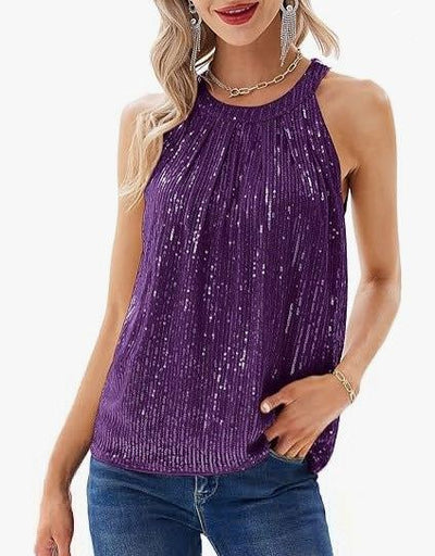 Women's sleeveless halter round neck sequin top in dark purple with backless straps and street fashion style