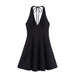 European and American style black backless wavy wide swing halter dress with high waist and elegant design