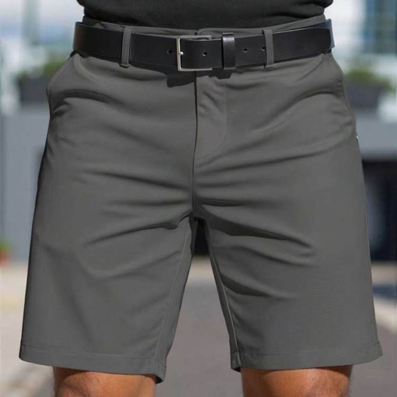 Men's solid color straight fit fifth pants shorts in dark gray polyester fiber with micro elasticity and belt detail