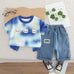 Baby suit three bear short sleeve pullover with blue gradient top and denim shorts for toddlers