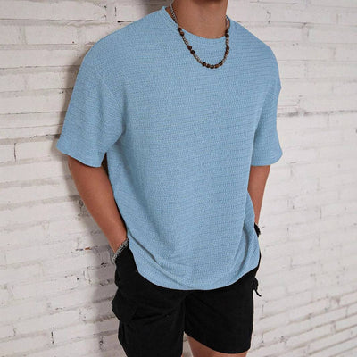 Men's loose hollow solid color light blue short sleeve round neck T-shirt