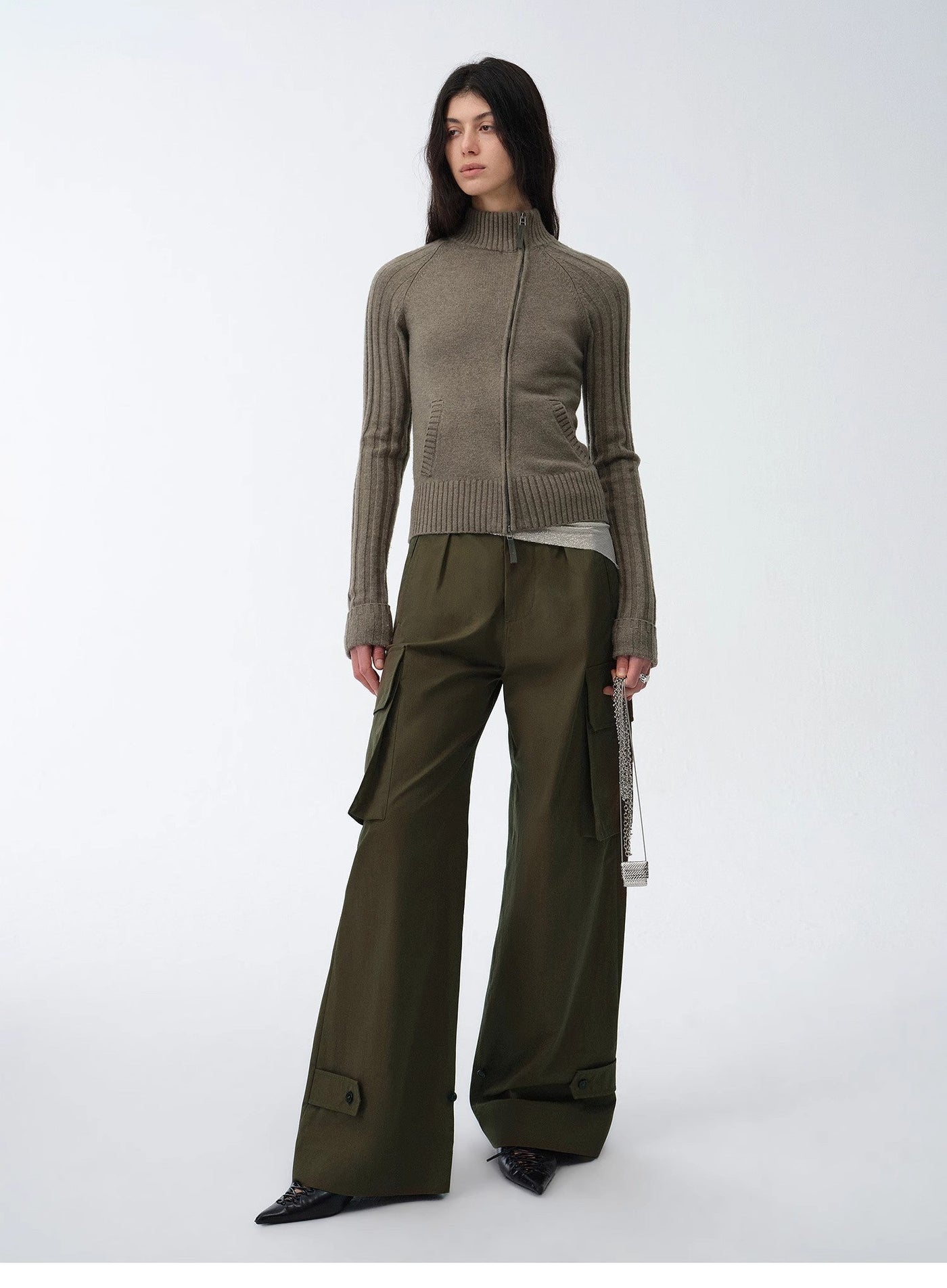 Senna Melody women's fine merino wool and cotton blend slim fit cardigan with oblique double zipper and stand-up collar