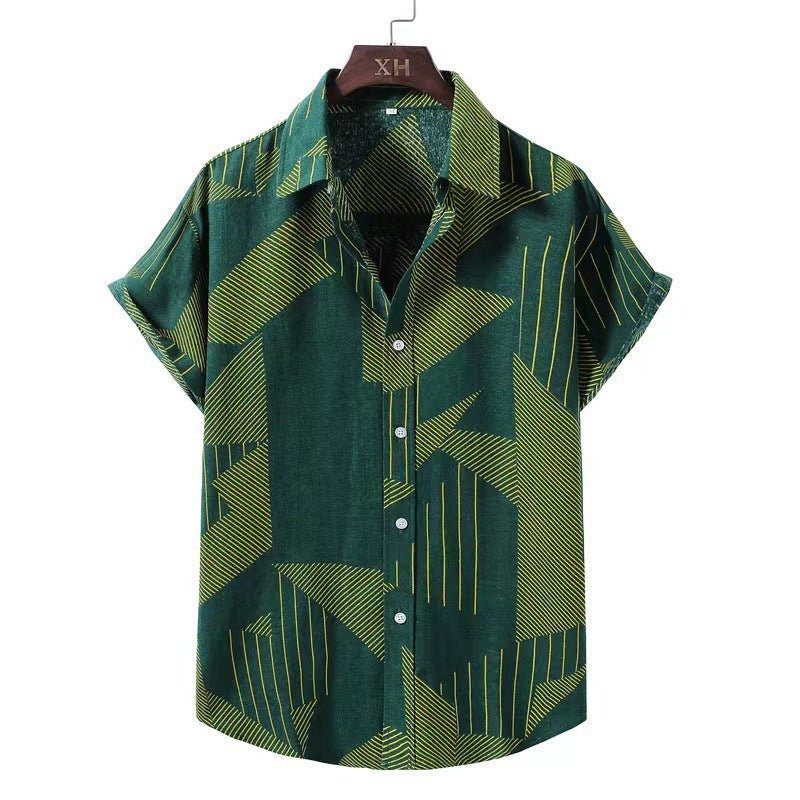 Men's short-sleeved casual shirt with green and yellow striped geometric print and button-up front.