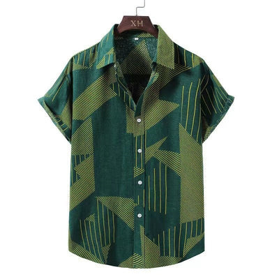 Men's short-sleeved casual shirt with green and yellow striped geometric print and button-up front.