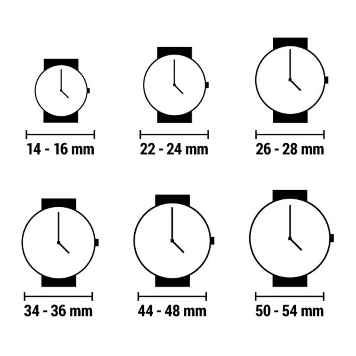 Size chart showing different wristwatch case diameters in millimeters from 14mm to 54mm for Ladies' Watch GC Watches.