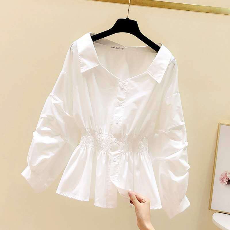 White Western style puff sleeve loose fit women's blouse with collar and button front
