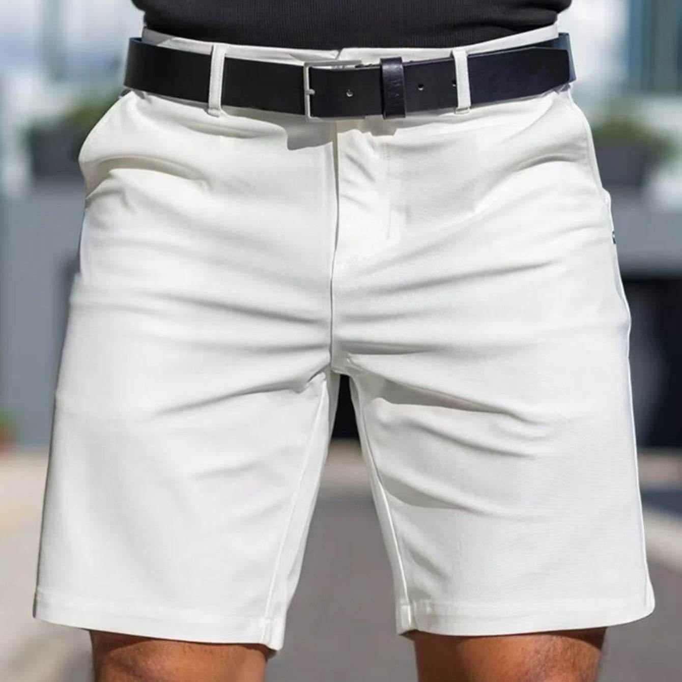 Men's solid color white polyester fiber fifth-length straight shorts with micro elasticity and black belt