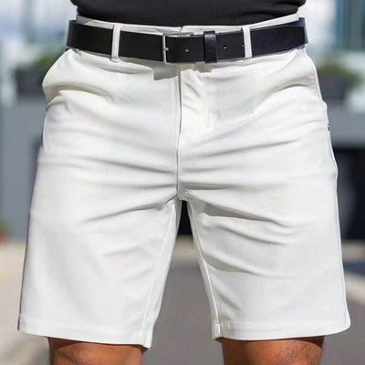 Men's solid color white polyester fiber fifth-length straight shorts with micro elasticity and black belt