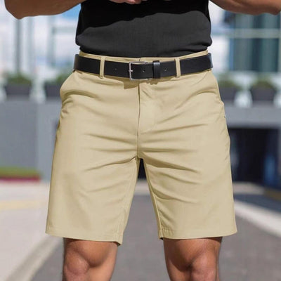 Men's solid color apricot polyester fiber business sports fifth pants shorts with micro elasticity and straight type design