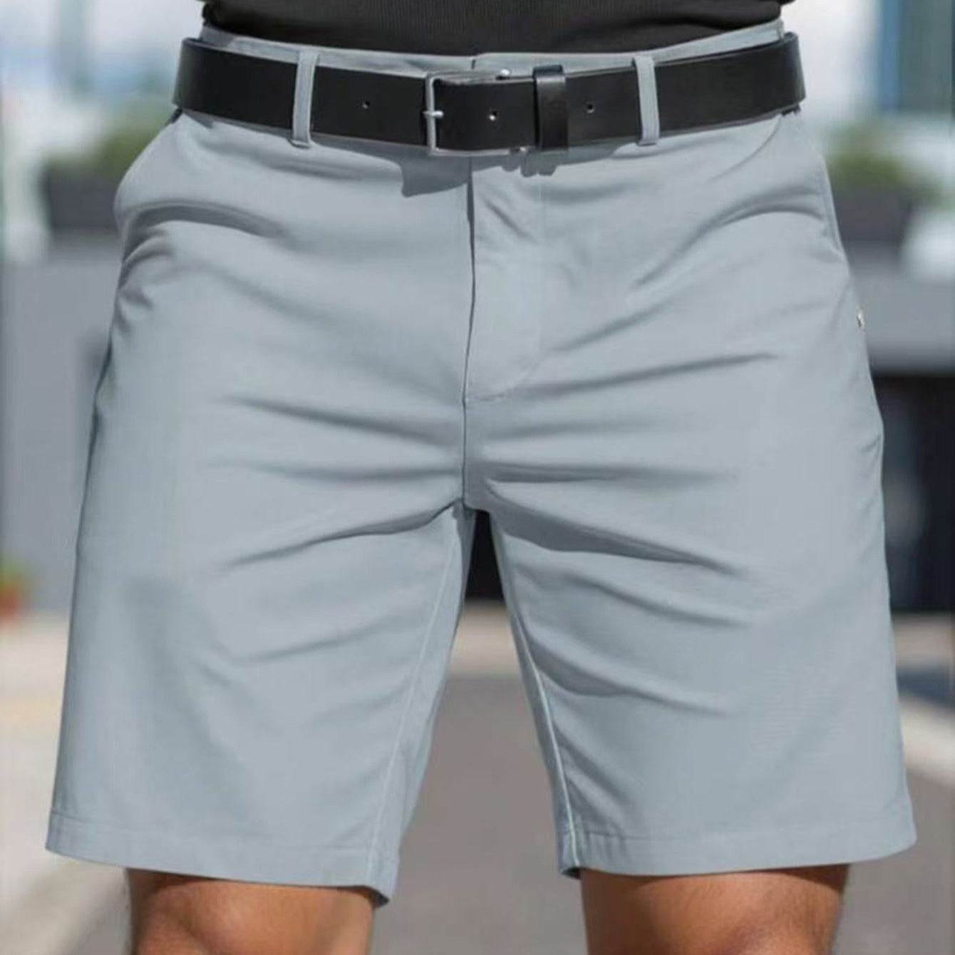 Men's solid color polyester fiber shorts in light gray with micro elasticity and straight type fifth pants style