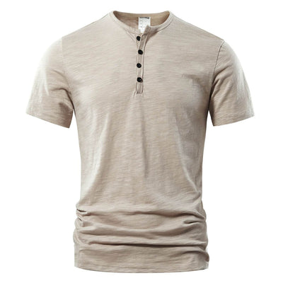Men's slub cotton short sleeve casual solid color pullover shirt in beige