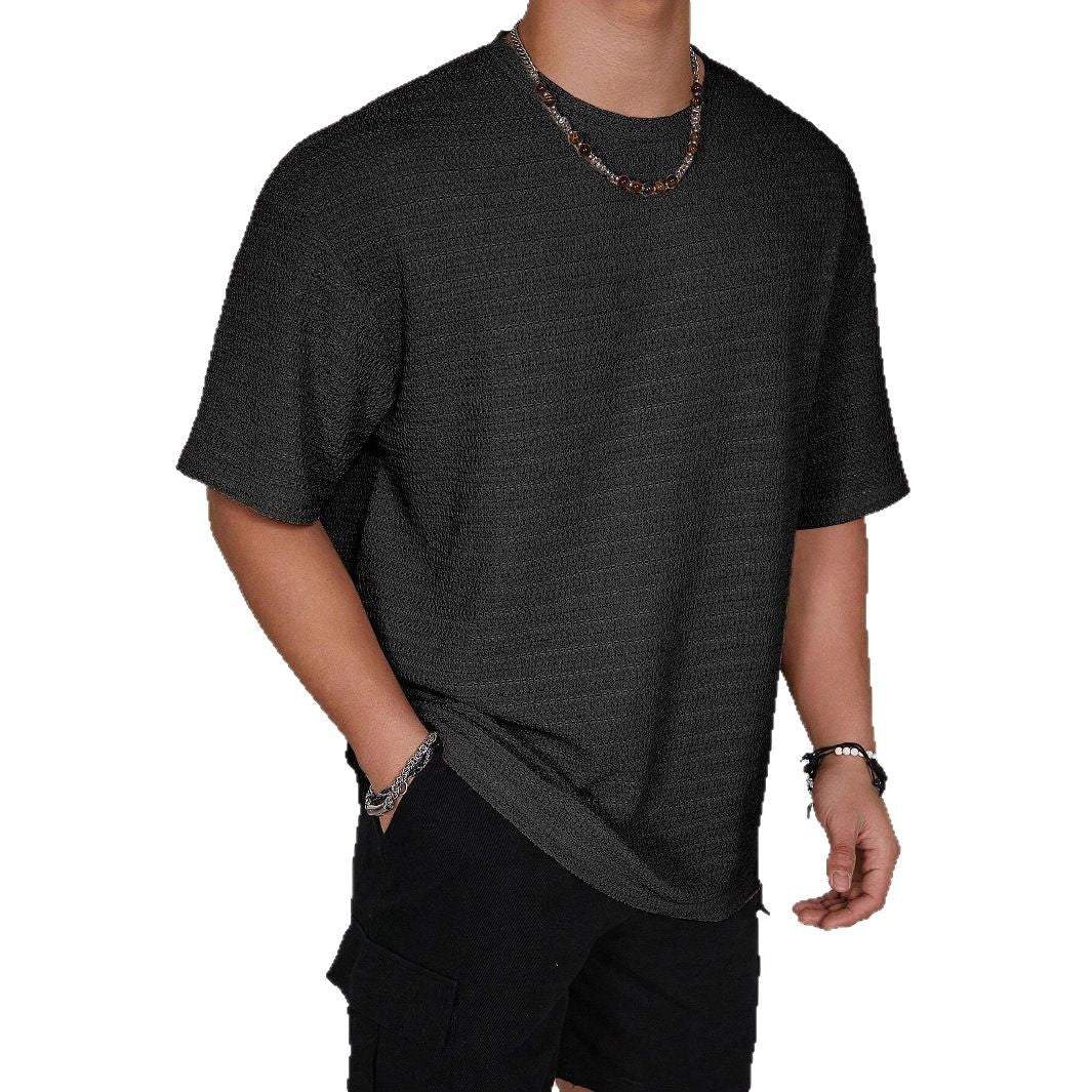 Men's loose hollow solid color black round neck short sleeve T-shirt polyester fiber fabric