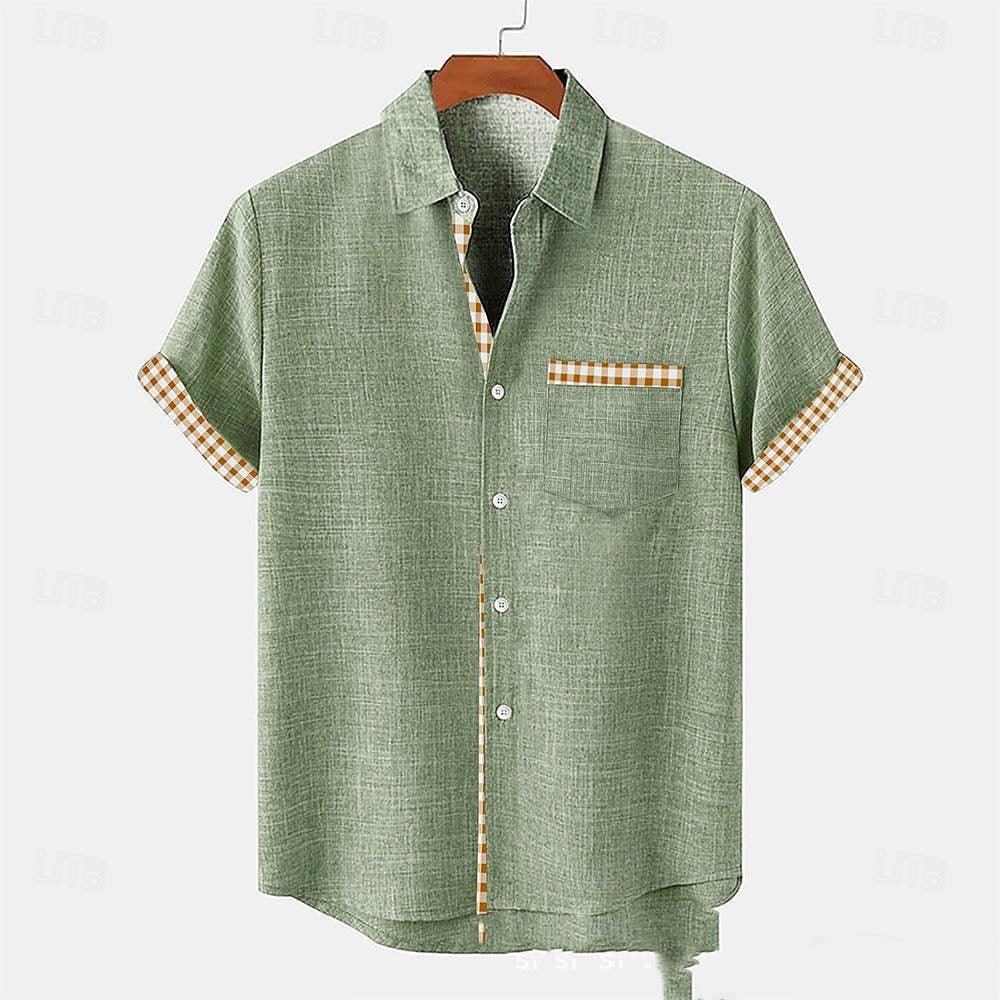 Ocean Fish Pattern linen casual loose short sleeve shirt for teenagers in green with checkered trim