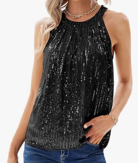 Women's black sequin halter round neck top in polyester fabric with sleeveless backless design