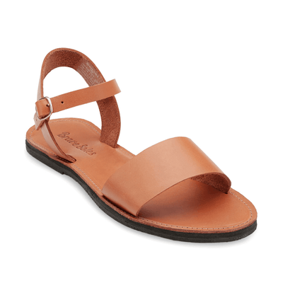 Aventura Leather Walking Sandal in tan with cushioned sole, arch support, and ankle strap made from ethically sourced leather and upcycled tire sole