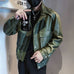 Men's green PU leather spring and autumn pilot jacket with side seam pockets and straight hem, Korean style outerwear.