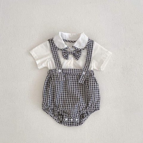 Baby romper with black plaid baby doll collar and bow tie in Korean summer style cotton fabric