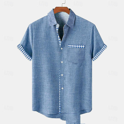 Blue linen short sleeve casual shirt with ocean fish pattern and checkered trim