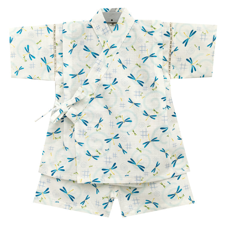 Children's cotton sweat steamed soft gauze beige and blue dragonfly patterned pajamas with short sleeves and shorts