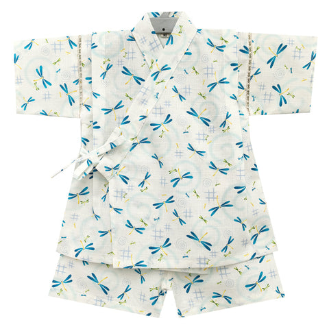 Children's cotton sweat steamed soft gauze beige and blue dragonfly patterned pajamas with short sleeves and shorts