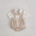 Baby doll collar short sleeve cotton jumpsuit with apricot plaid suspenders and bow tie for babies