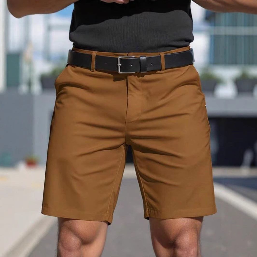 Men's solid color apricot polyester fiber business sports fifth-length straight shorts with black belt