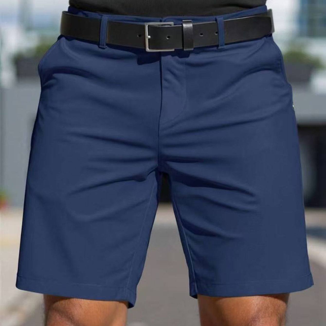 Men's solid color navy blue straight fit business sports shorts with belt loop and micro elasticity polyester fabric