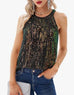 Women's halter round neck sequin camisole top in black with backless shoulder straps styled with jeans and silver accessories