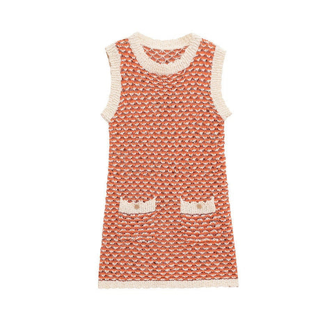 Orange textured knitted sleeveless mini dress with cream trim and front pockets for women