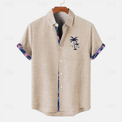 beige linen short sleeve casual shirt with ocean fish pattern and palm tree embroidery
