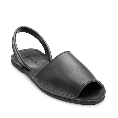 Black leather Avarca slide sandal with open toe and ankle strap, handcrafted for comfort and durability