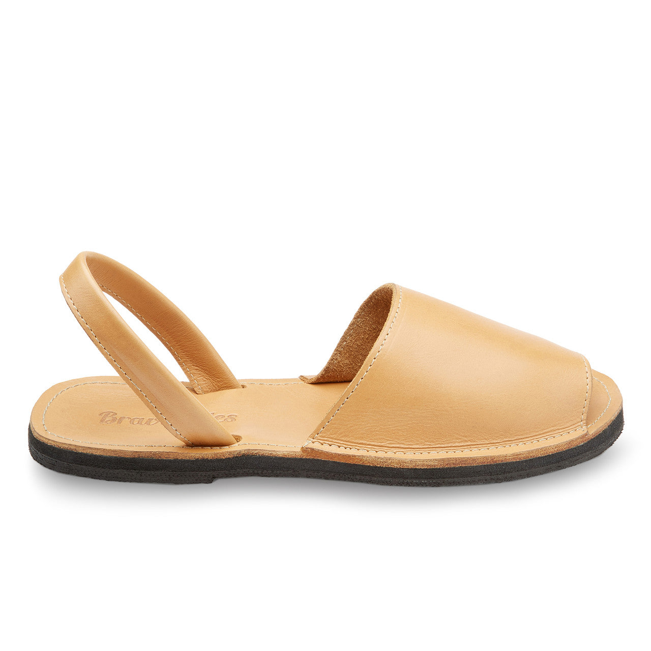 The Avarca Slide Sandal tan leather open-toe handcrafted slide with cushioned sole and ankle strap