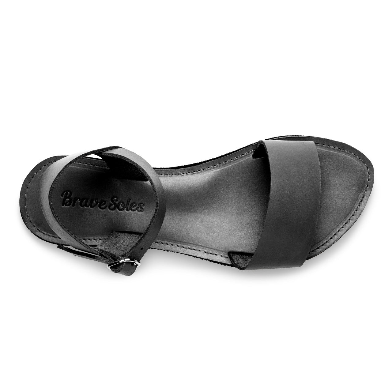 Top view of Aventura leather walking sandal with ankle strap and cushioned footbed designed for comfort and support