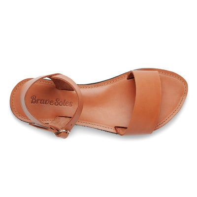 Top view of Aventura leather walking sandal with ankle strap and cushioned footbed in tan color