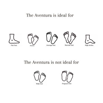 Foot shape suitability chart for Aventura Leather Walking Sandal showing ideal fit for flat, bunion, average, narrow, and high arch feet, and not ideal for wide or pregnant feet.