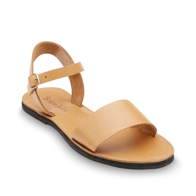 Aventura Leather Walking Sandal in tan with ankle strap, handcrafted leather and upcycled tire sole for travel and comfort