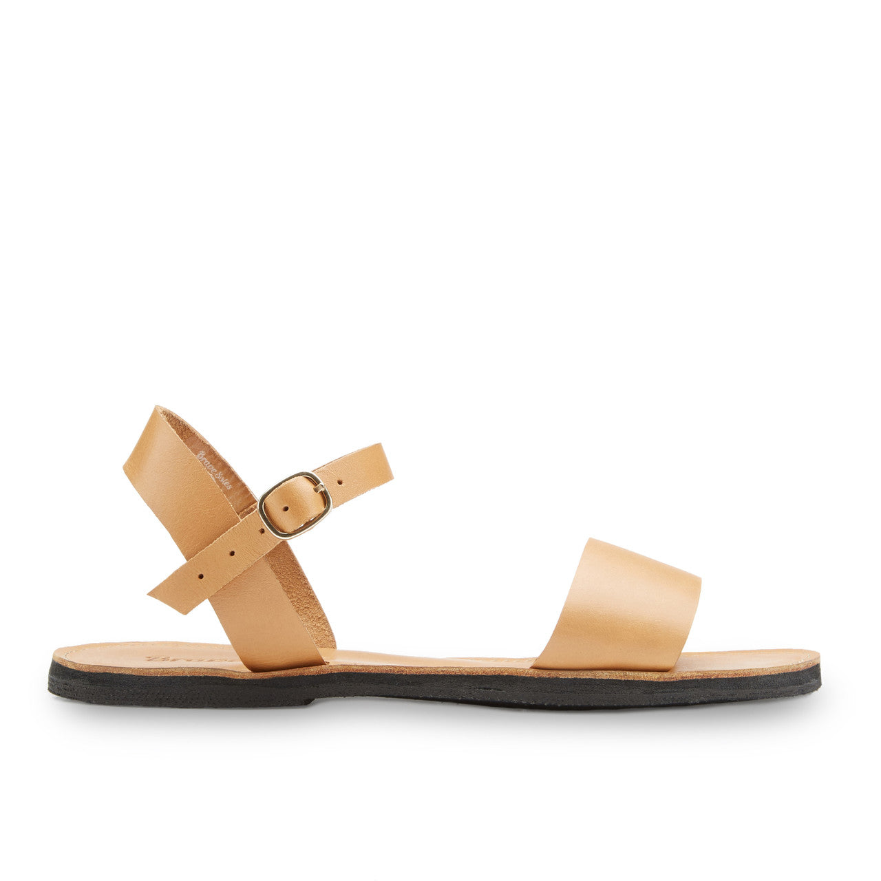 Side view of Aventura Leather Walking Sandal with tan leather straps and black upcycled tire sole