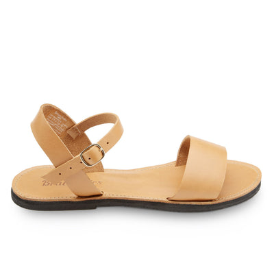 side view of Aventura leather walking sandal with ankle strap and upcycled tire sole