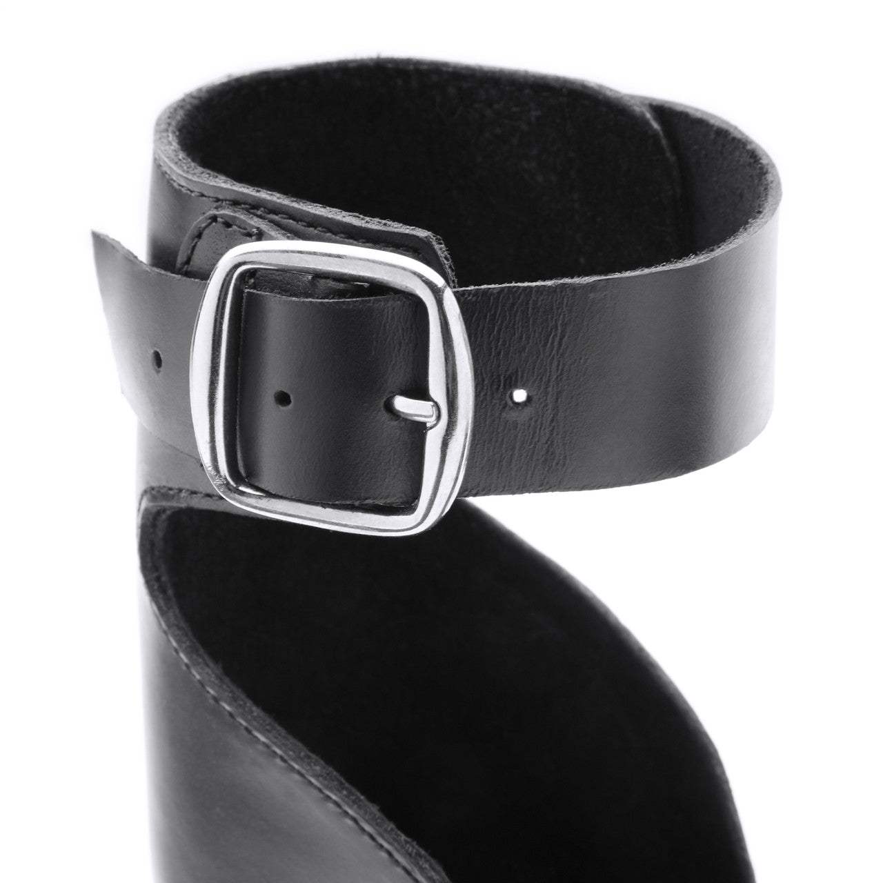The Camila Leather Flatform sandal with black ankle strap and silver buckle, made from natural leather with cushy flatform sole.