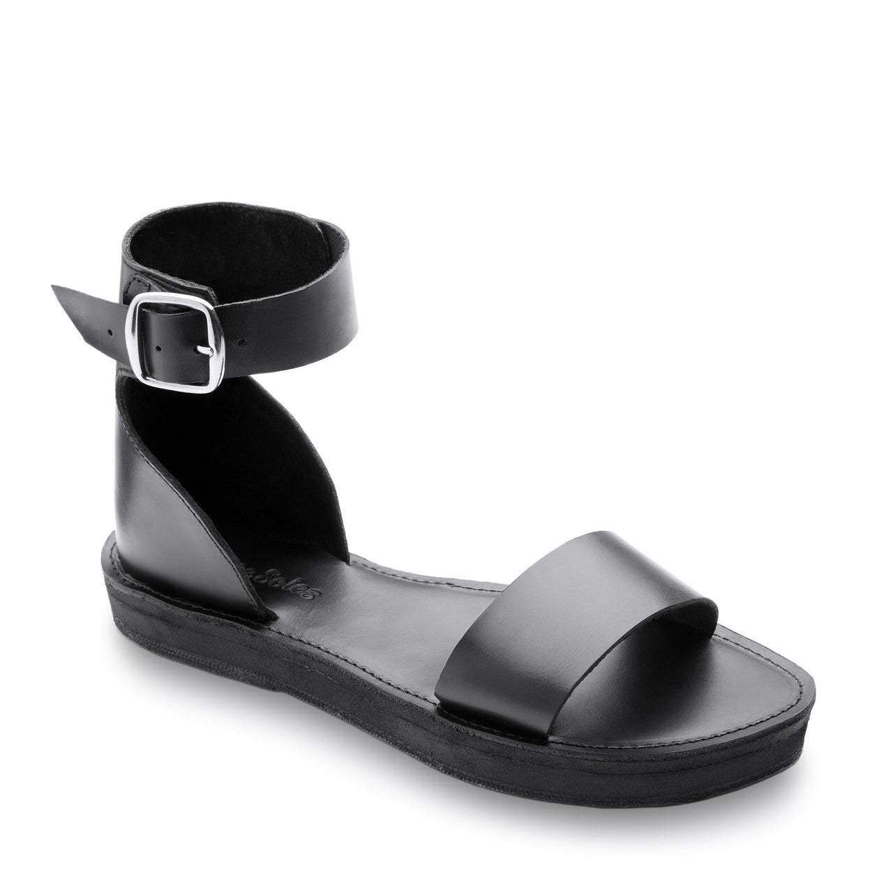 The Camila Leather black flatform sandal with ankle strap and cushy sole